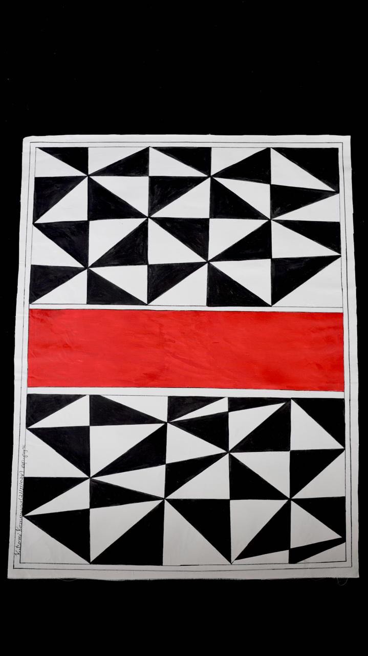 Pintura de grafismo assinada, preto, branco e vermelho, por Katiemi Kamayurá